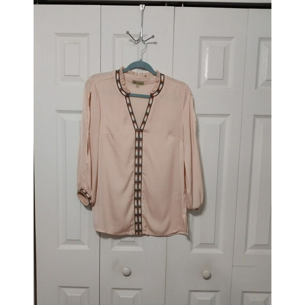 Democracy Blouse Women's Small Beige Pink Top Long Sleeve Boho Trim Tunic V-Neck